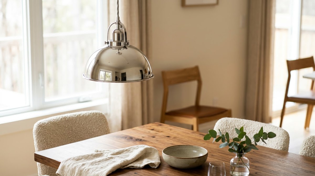 How to Pair Chrome Pendant Lights With a Warm Wood Dining Table - chrome detail beside warm wood grain and textured fabric