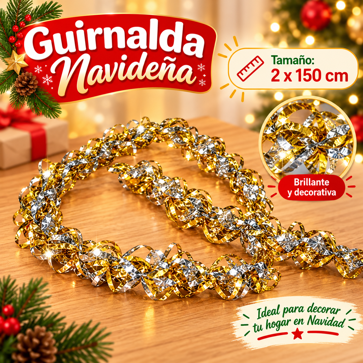 Guirnalda navideña fina en espiral dorada y plateada 2 cm x 1,5 m