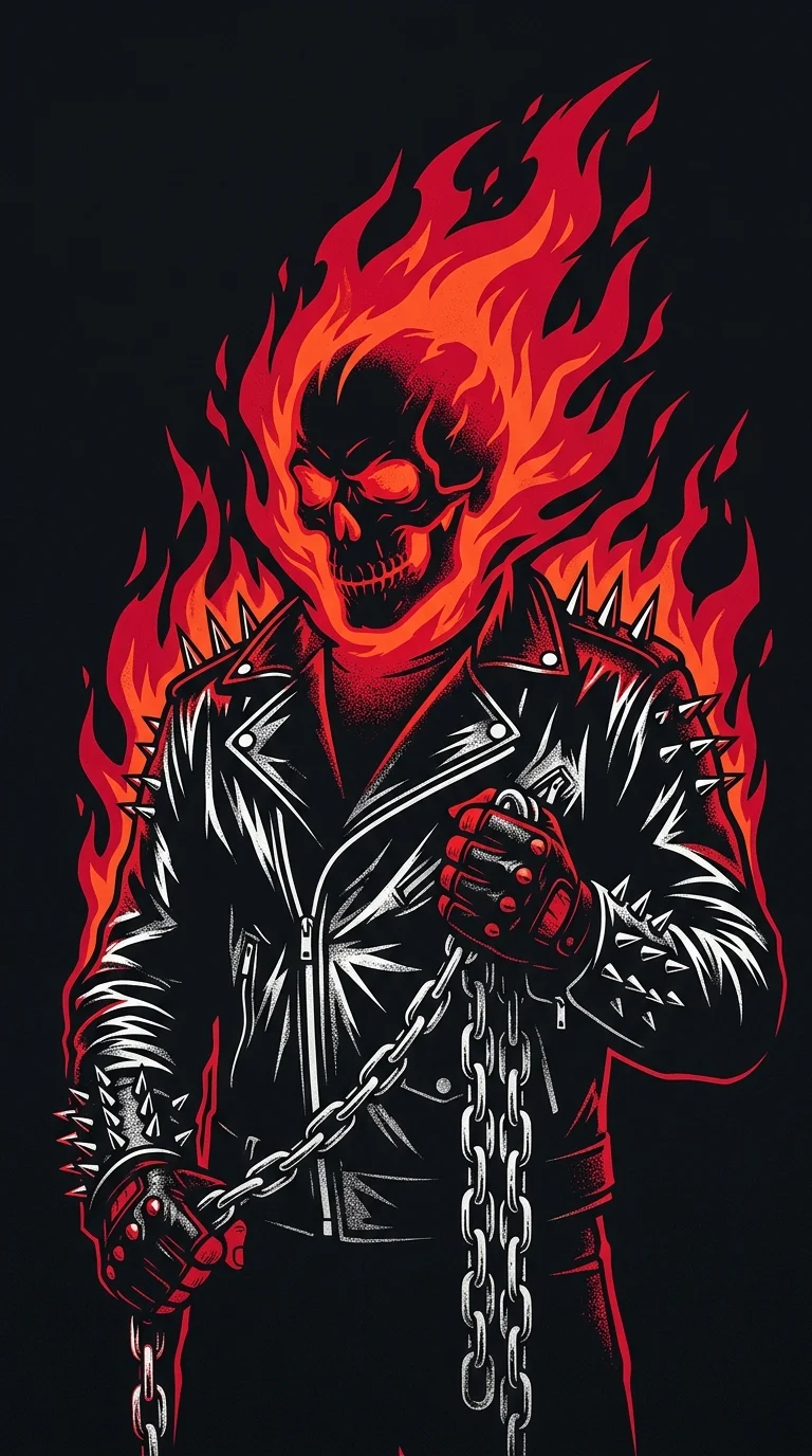 Graphic Illustration of Skeletal Rider Skull with Burning Red Flames - Free 8K and 4K mobile Wallpaper Background
