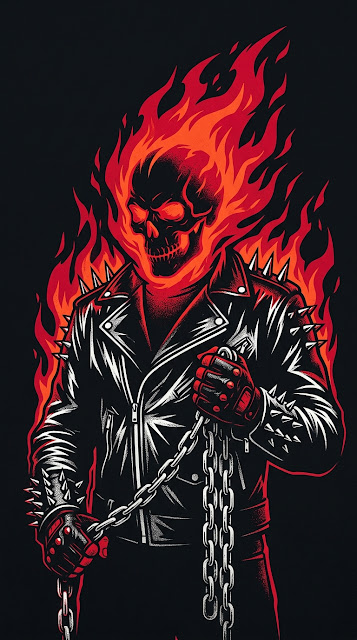 Graphic Illustration of Skeletal Rider Skull with Burning Red Flames - Free mobile Wallpaper