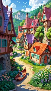 Whimsical European Village Street in Mountain Valley