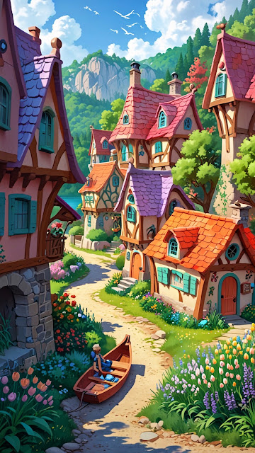 Whimsical European Village Street in Mountain Valley - Free mobile Wallpaper