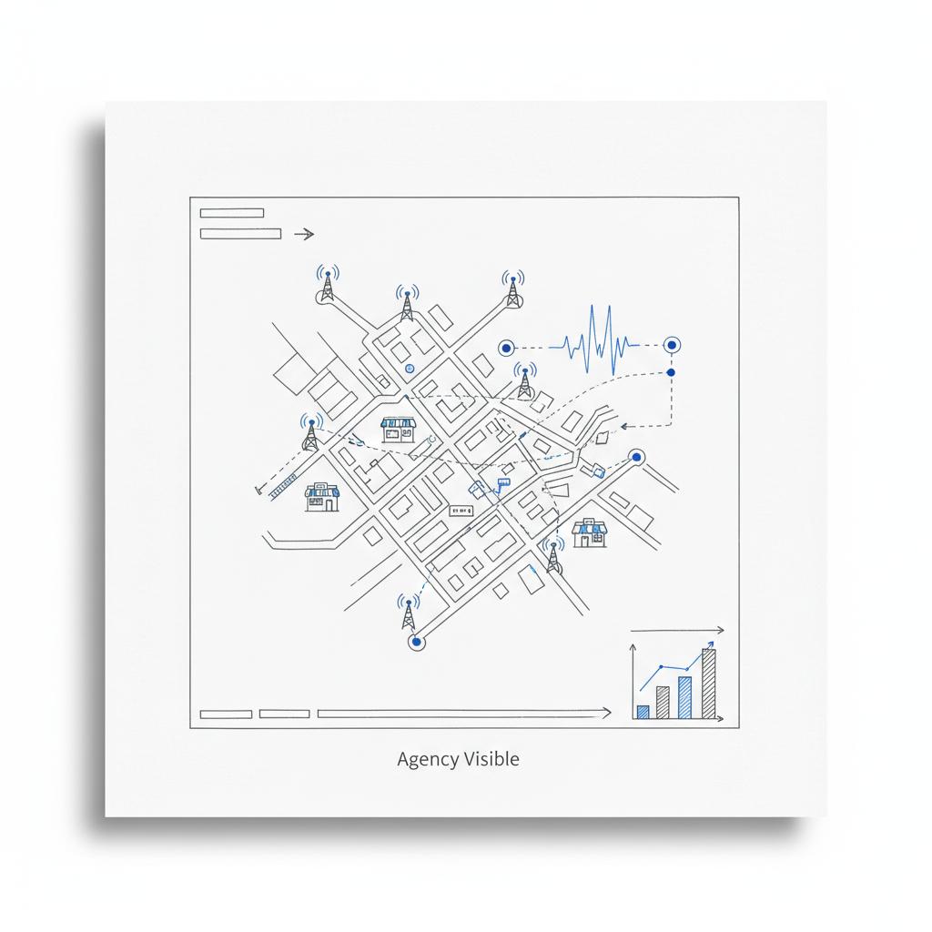 Is radio advertising declining? Minimal notebook-style city map sketch with pinned radio towers, streaming nodes, waveform and storefront icons connected by dotted lines.
