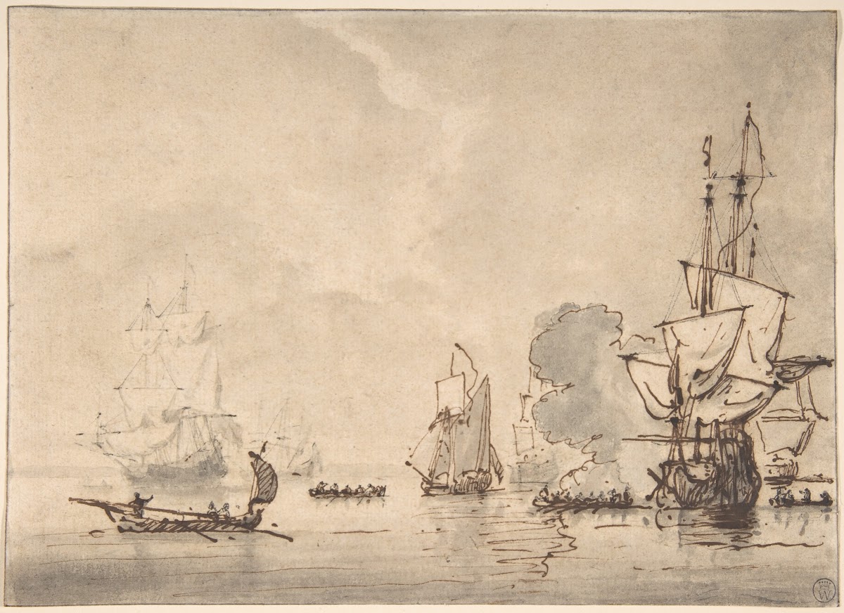 A Frigate at Anchor Saluting a Nearby Yacht 17th century