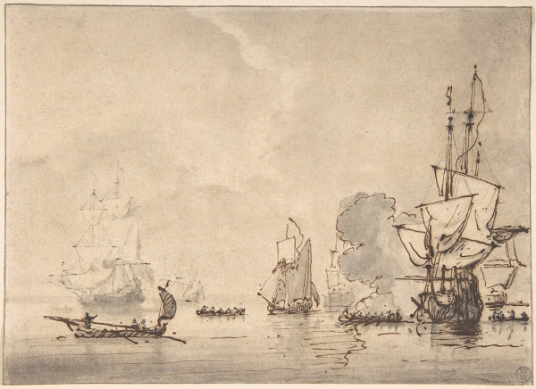 A Frigate at Anchor Saluting a Nearby Yacht 17th century