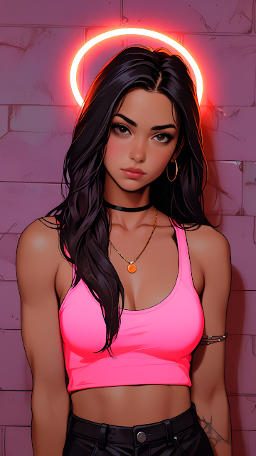 Woman in Pink Top with Neon Halo Against Brick Wall - Free mobile Wallpaper