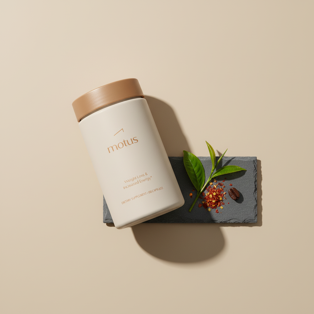 Motus supplement bottle on beige background with green tea leaves, chili flakes and a coffee bean, soft studio lighting — do thermogenic fat burners work