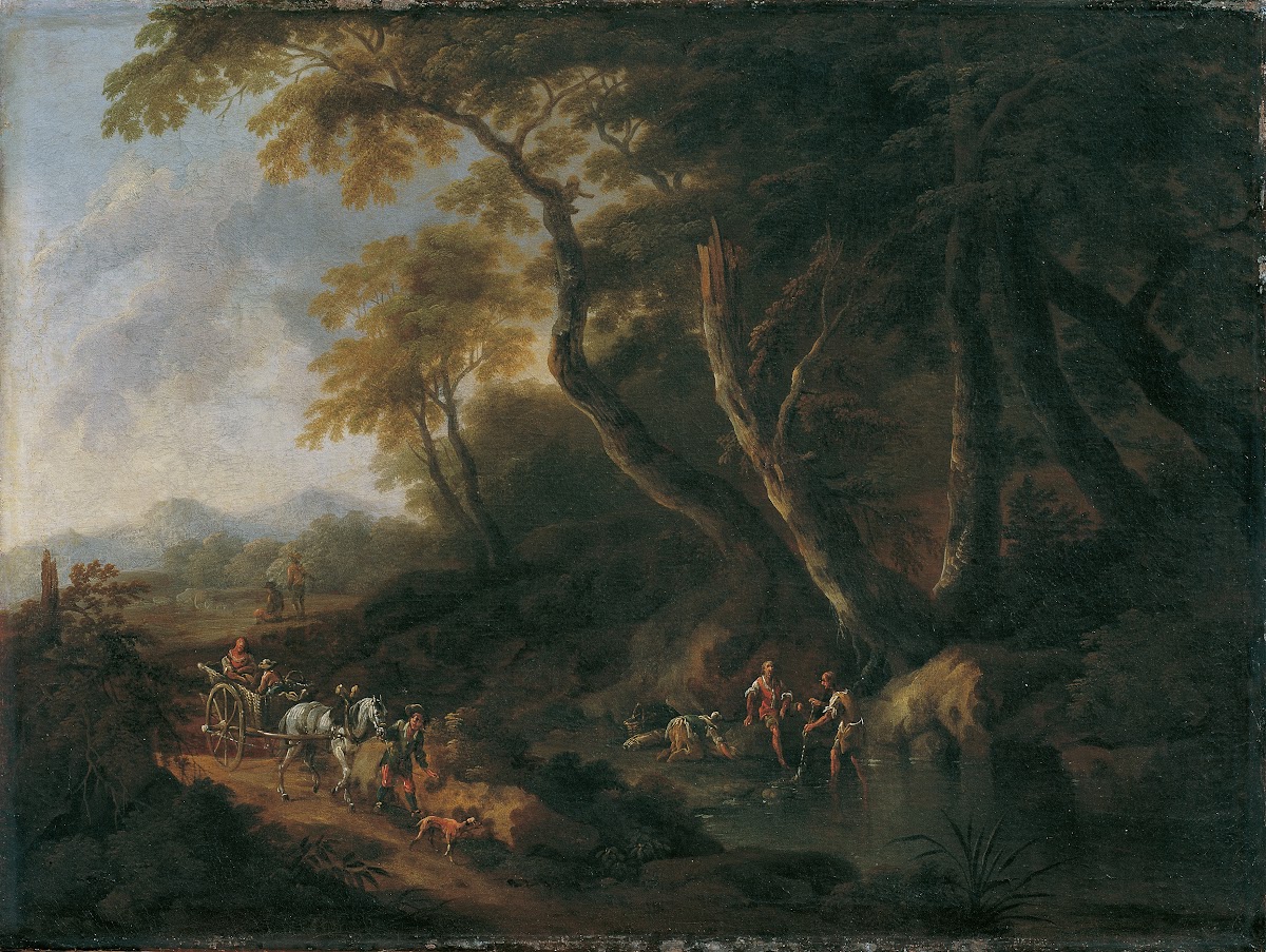 Waldlandschaft mit Gewässer rechts
