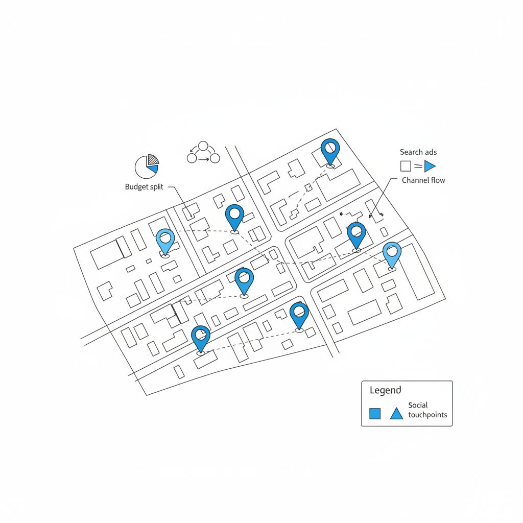 Vector aerial schematic of a neighborhood map with pins and an icon-only legend showing local portals, search ads and social touchpoints &mdash; how to run ads as a real estate agent