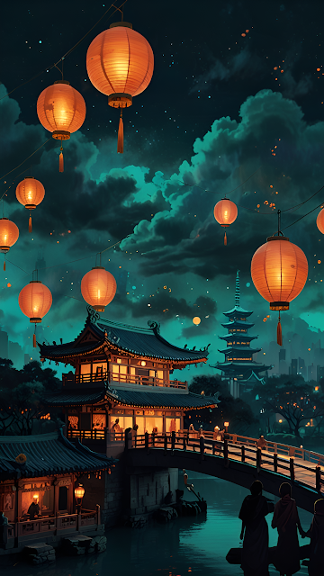 Teal Night Sky Lanterns Over Ancient Asian Temple Bridge - Free mobile Wallpaper