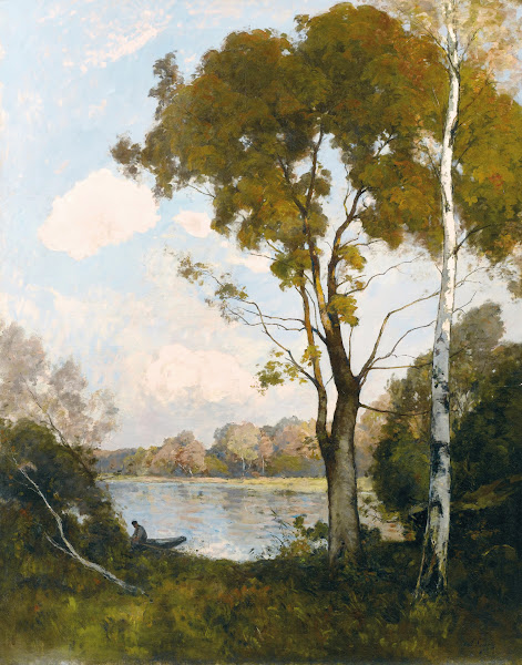 Barque au soleil couchant deux grands arbres à droite