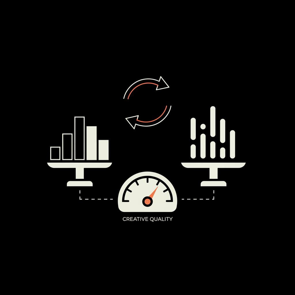 Minimal vector infographic of auction dynamics showing supply vs demand scales, a creative quality gauge, and seasonality arrows in Social Success Hub brand colors for Google Ads CPM.