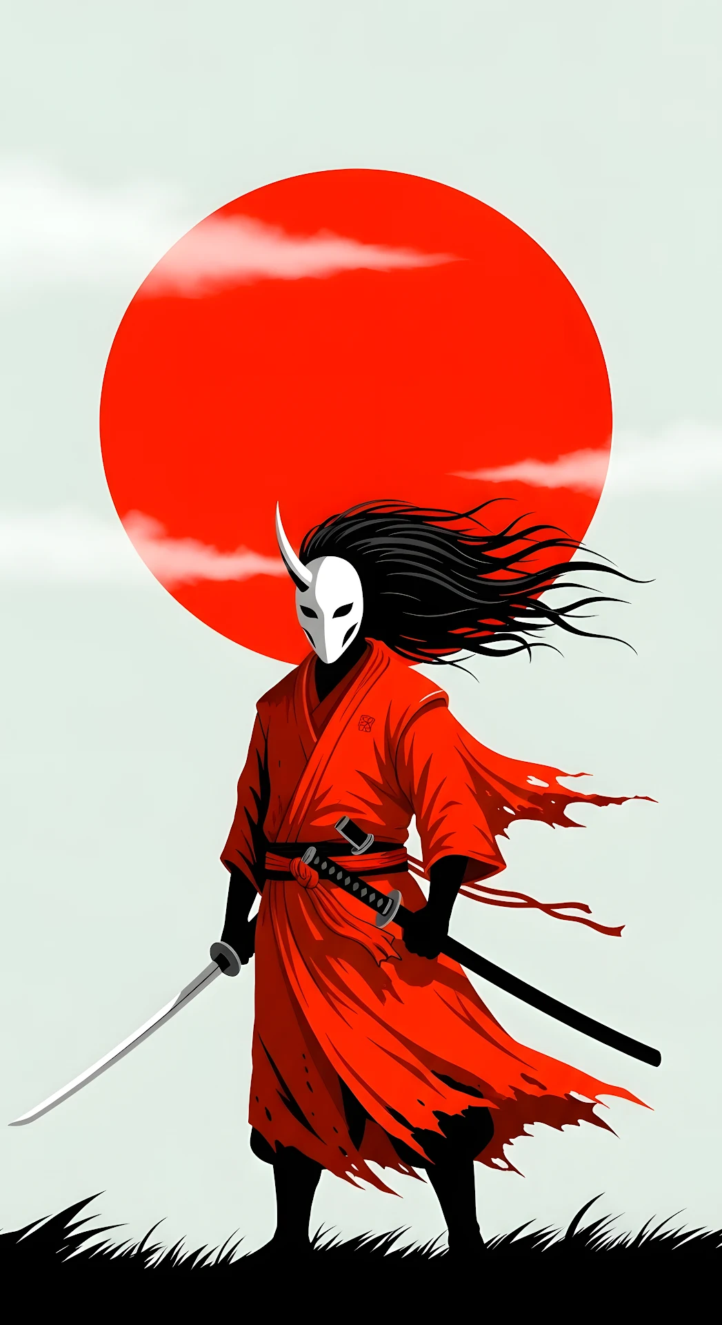 Oni Mask Samurai Warrior Against the Red Sun - Free 4K mobile Wallpaper