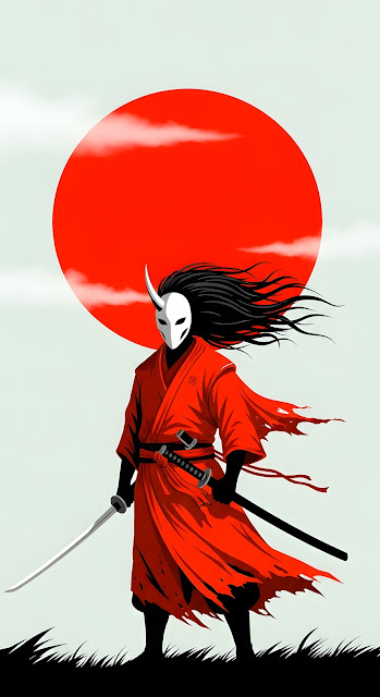 Oni Mask Samurai Warrior Against the Red Sun - Free mobile Wallpaper