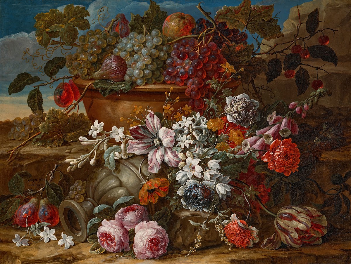 Fruit in a bowl on a ledge with scattered flowers 17th century