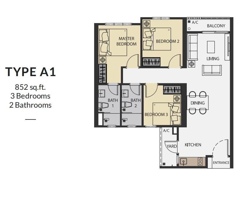 Aster Hill Sri Petaling Type A1 floor plan — 846 sq ft, 3 bedrooms