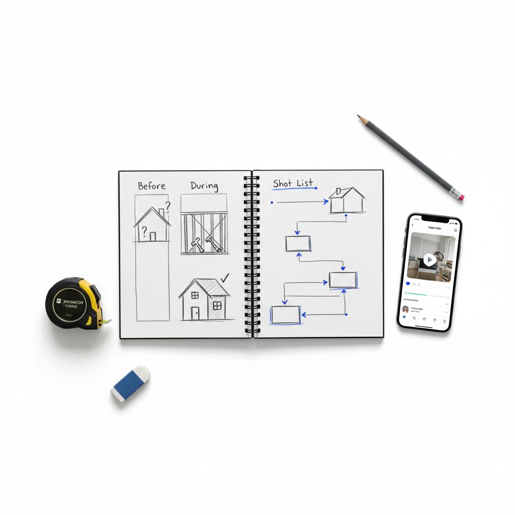 Top-down contractor workspace with open notebook of sketched shot lists, phone showing a reel timeline, tape measure and pencil on white background &mdash; Is Instagram good for contractors?