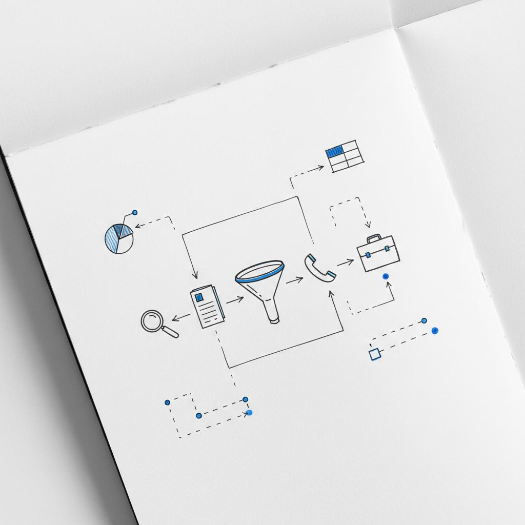 Close-up sketchpad page showing a hand-drawn customer journey funnel (search → listing → call → job) with minimalist ink sketches and #1a5bfb accent nodes illustrating cost to advertise on Yelp