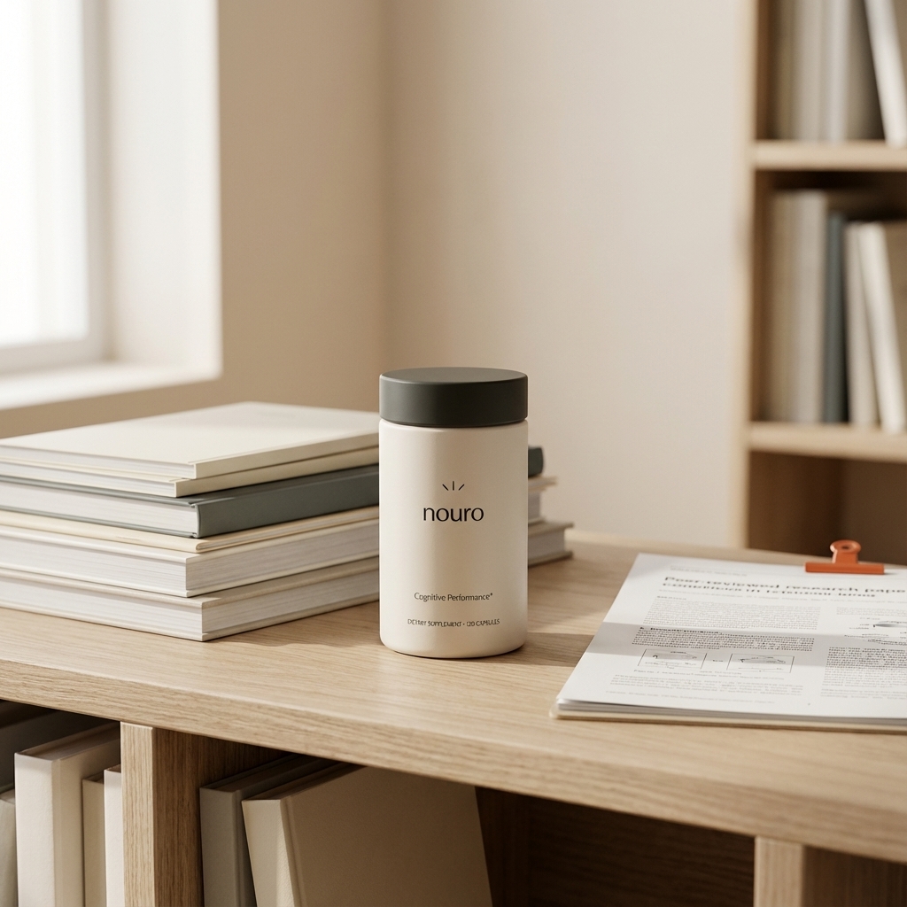 Tonum Nouro bottle on a minimalist clinic bookshelf among journals and research papers in natural light, signaling research-backed cognitive support; fastest growing neurodegenerative disease