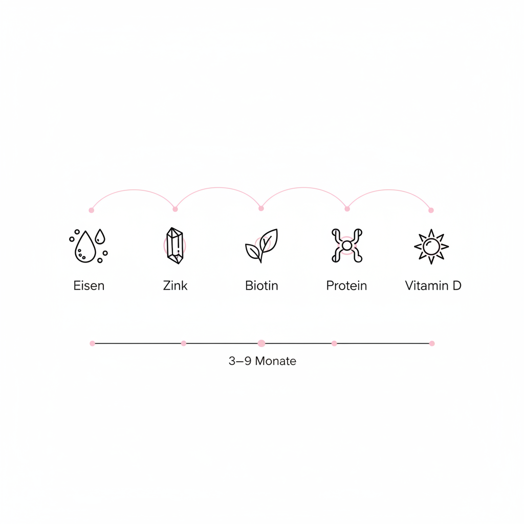 Minimalistische 2D-Vektor-Infografik zu Eisen, Zink, Biotin, Protein und Vitamin D mit Zeitstrahl 3–9 Monate – Vitaminmangel brüchige Nägel