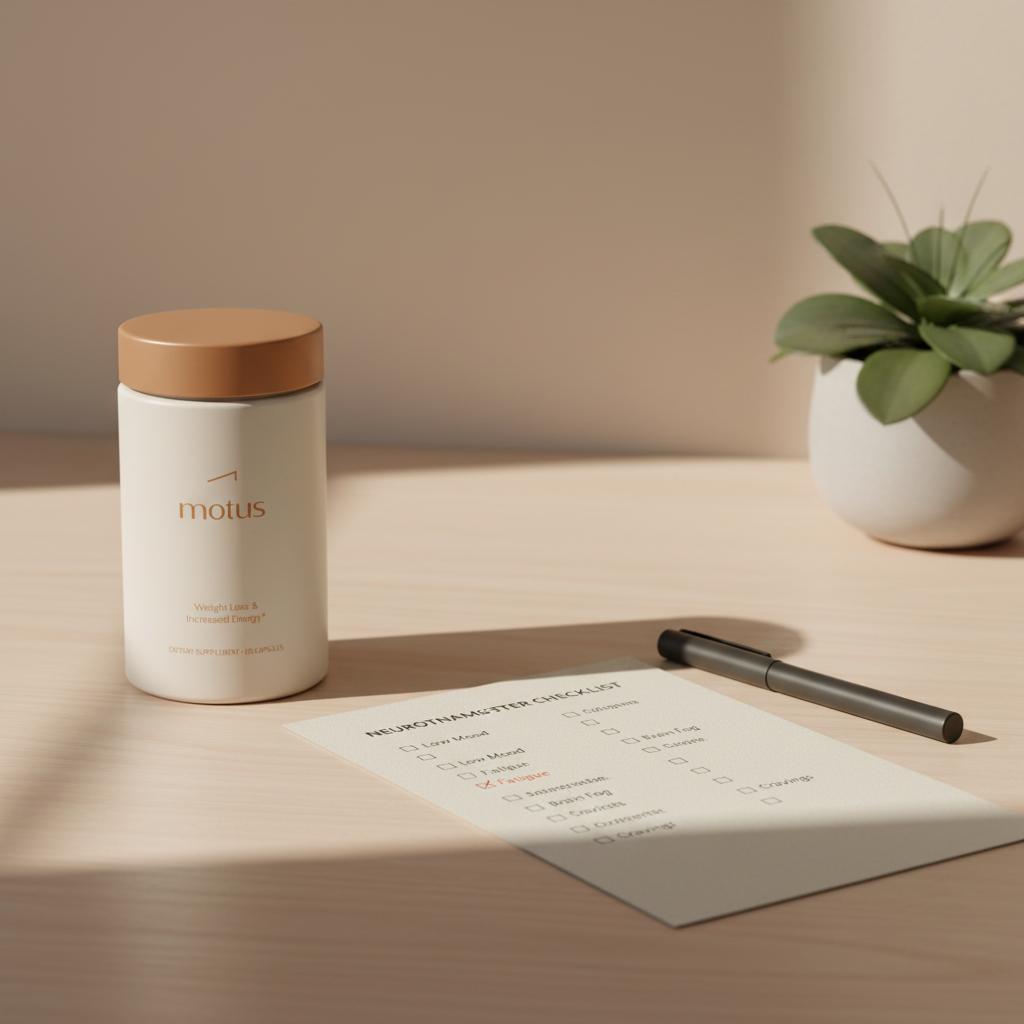 Minimal still-life of a Tonum Nouro bottle beside a printed symptom checklist and pen on a light wooden desk, calm beige setting addressing low serotonin or low dopamine
