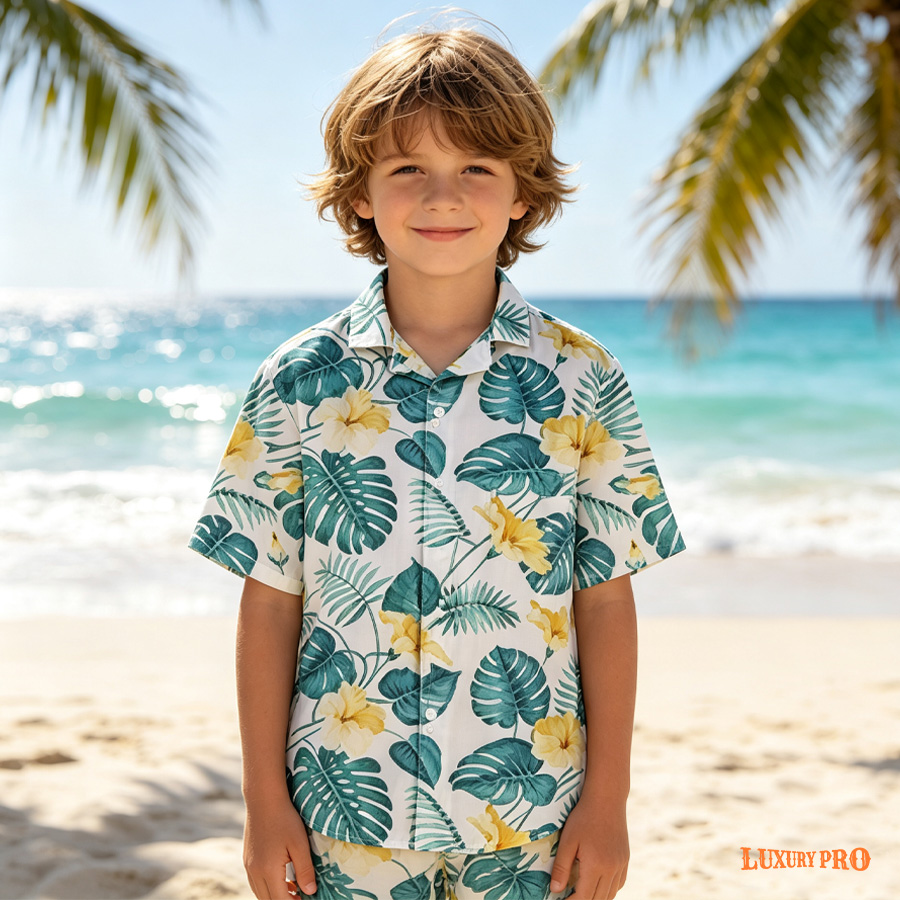AOP MEG Kids' Brazilian Collar Shirt, Slub Linen, With Pockets