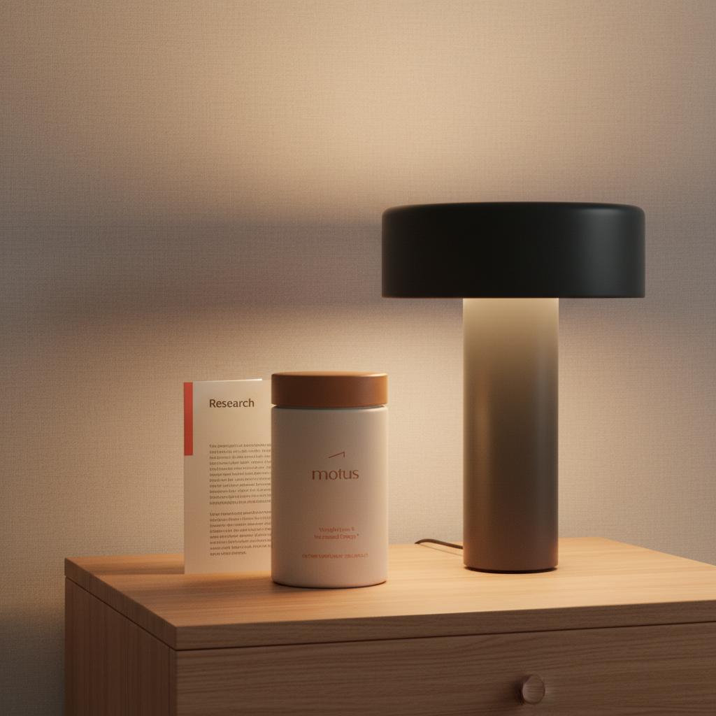 Minimalist bedside scene with Tonum supplement jar on a wooden table, a small "Research" leaflet peeking out and a soft lamp—visualizing over-the-counter sleep aids in a calm clinical setting.