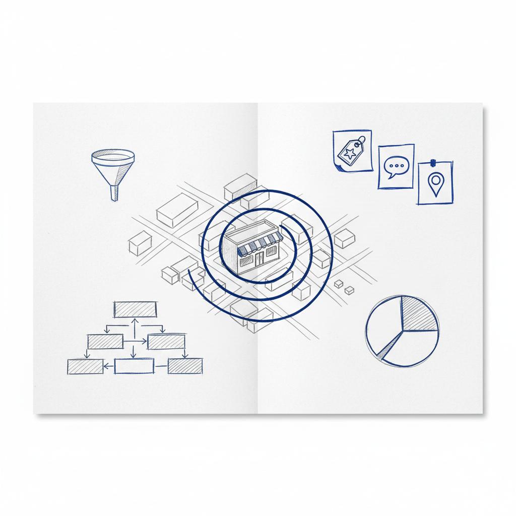 Notebook sketch of a small-town map with a highlighted storefront and concentric reach rings, plus sticky-note icons for coupon, message bubble and pin illustrating cost to advertise on Nextdoor