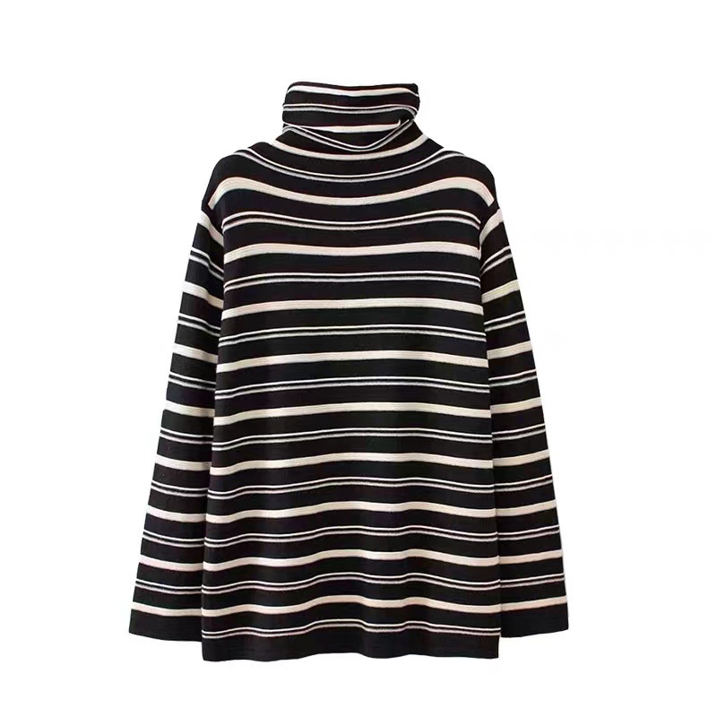Women's Long Sleeve Shirt with Stand-Up Collar and Striped Pattern