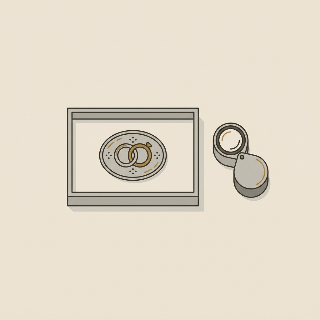 Minimalist 2D vector of engraved intaglio and jeweler loupe on beige archival tray suggesting curator study and verification of ancient wedding rings