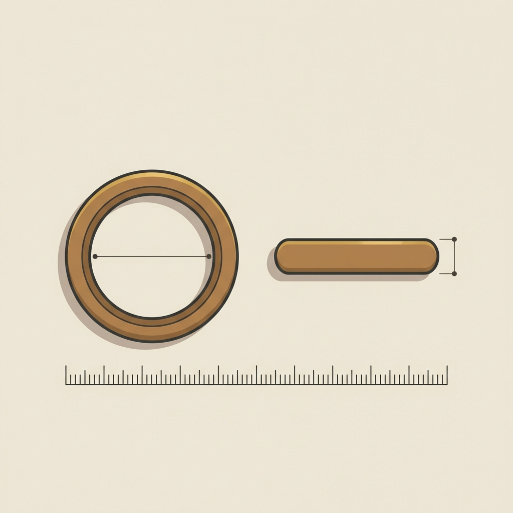 Minimalist 2D vector of an ancient wedding band plain bronze hoop shown in side and cross section with a metric scale bar and indicator lines for interior diameter and band thickness
