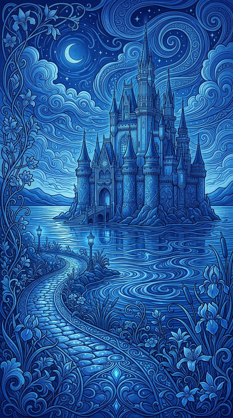 Monochromatic Blue Fantasy Castle with Rippling Lake - Free 4K mobile Wallpaper