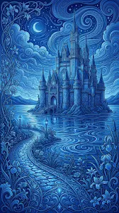 Monochromatic Blue Fantasy Castle with Rippling Lake