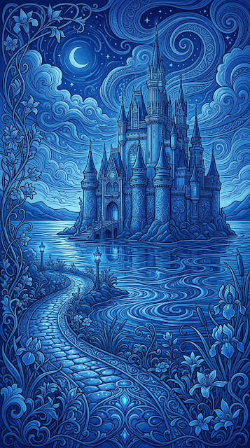 Monochromatic Blue Fantasy Castle with Rippling Lake - Free mobile Wallpaper