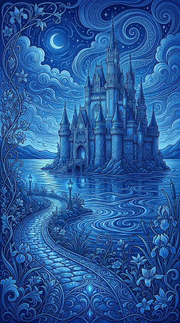 Monochromatic Blue Fantasy Castle with Rippling Lake
