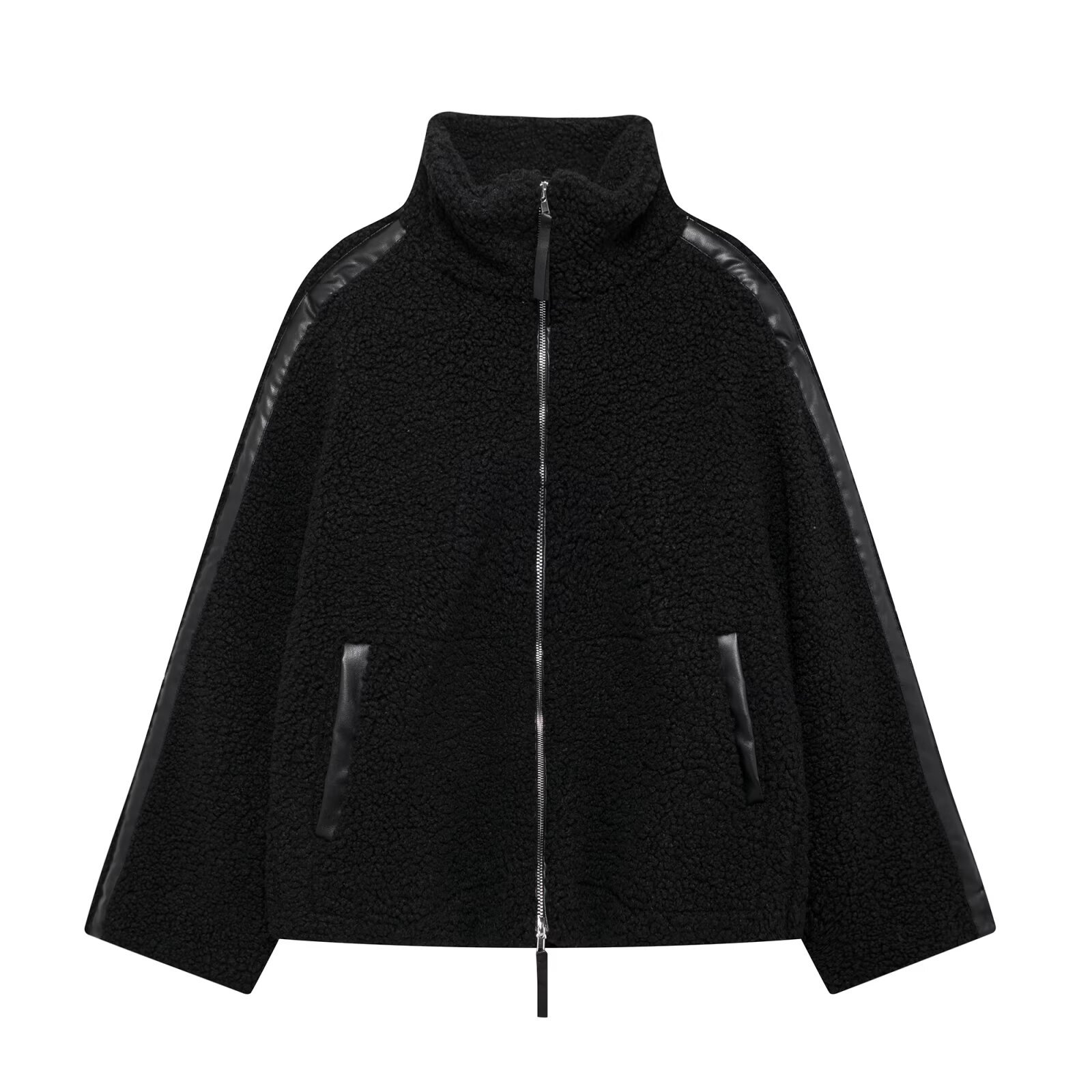 Women's Teddy Fleece Jacket, Stand Collar, Zip, Oversized