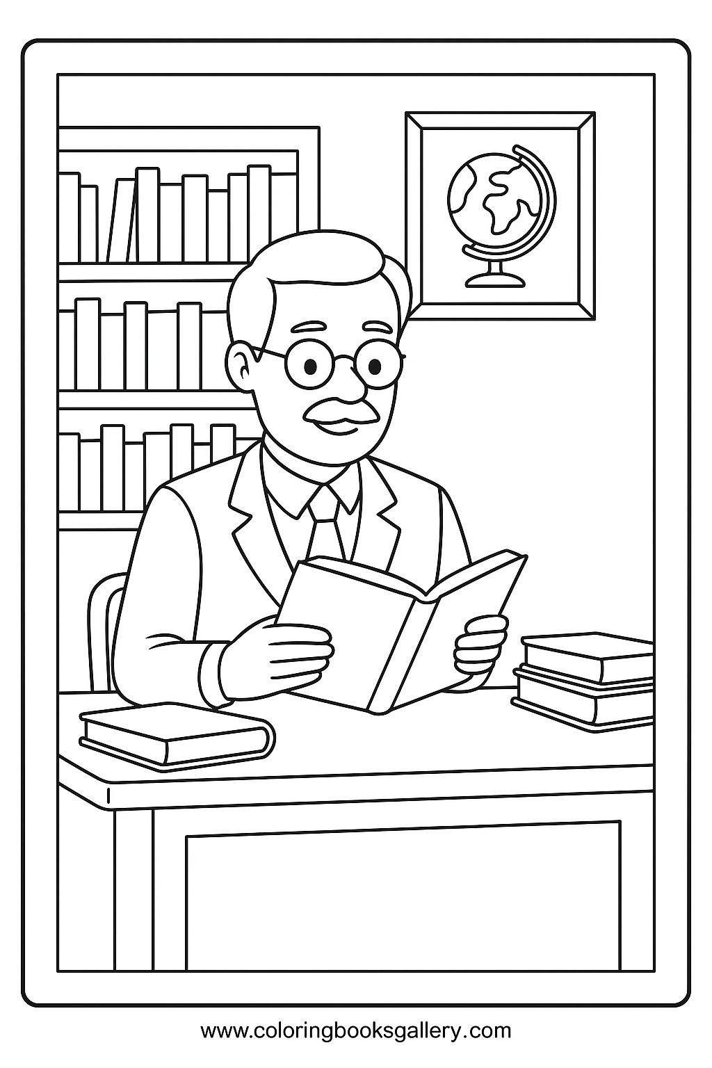 Professor reading a book at desk – Free Printable Coloring Sheet for Kids and Adults – printable coloring page