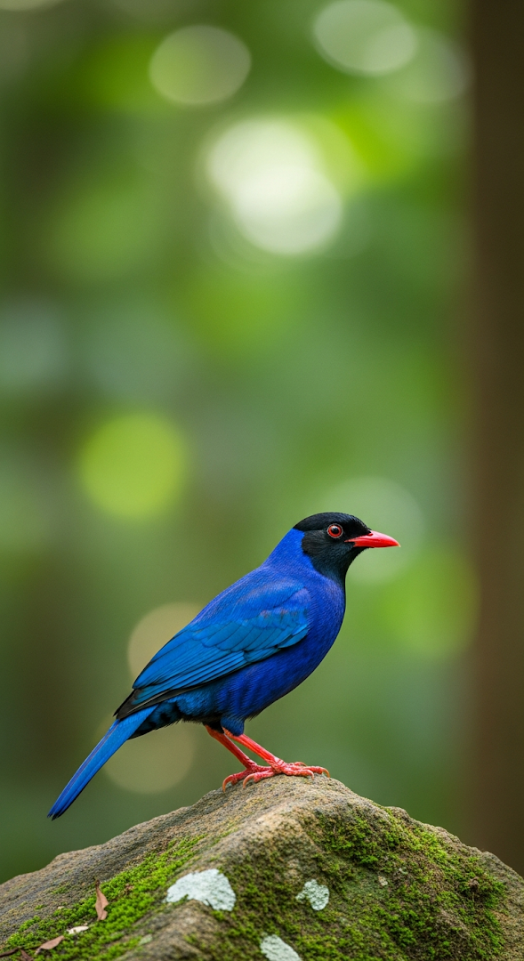 High-Detail Vibrant Sapphire Blue Bird on Mossy Rock Nature Photo