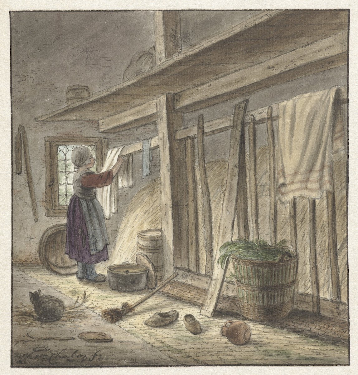 Hoekje van een stal met een meisje dat een doek ophangt 1772