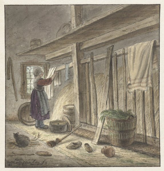 Hoekje van een stal met een meisje dat een doek ophangt 1772