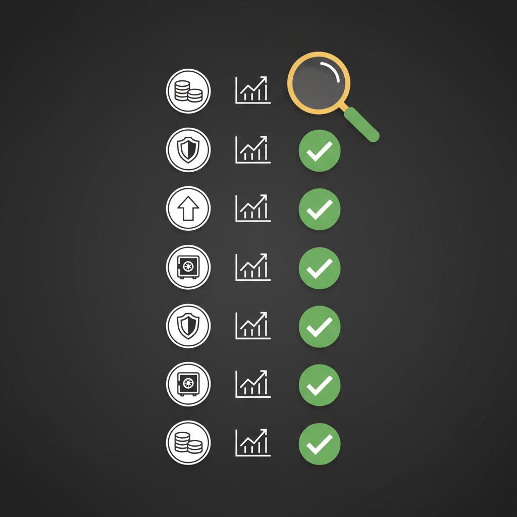 Minimalist 2D vector checklist for crypto investment platform showing ten items with green check marks and a magnifying glass on dark 0f0f0f background using green 4aa568 white ffffff and gold e6bb5b