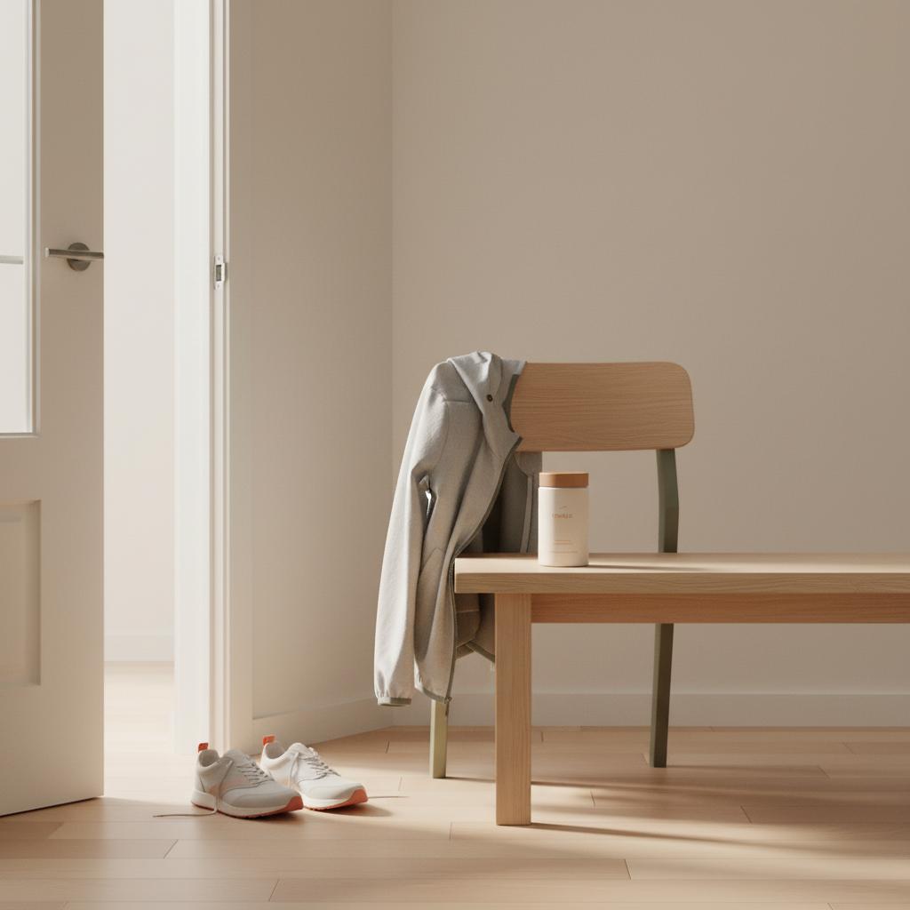 Minimal morning entryway with sneakers, jacket on chair, and Tonum Motus container on a bench suggesting a short walk and fat burning mode