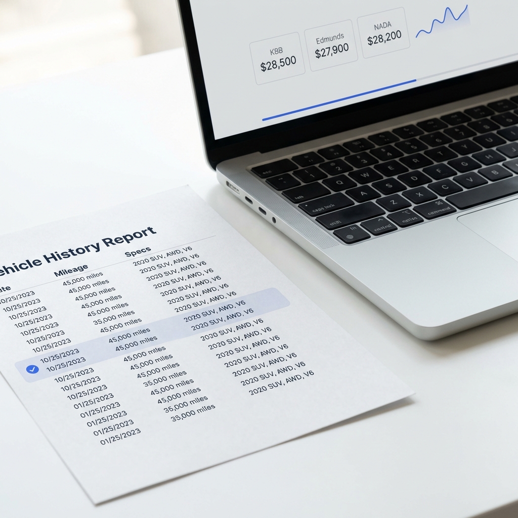 Close up of a printed vehicle history report beside a laptop showing valuation numbers from different sites and a comparison including kelley blue book used cars data