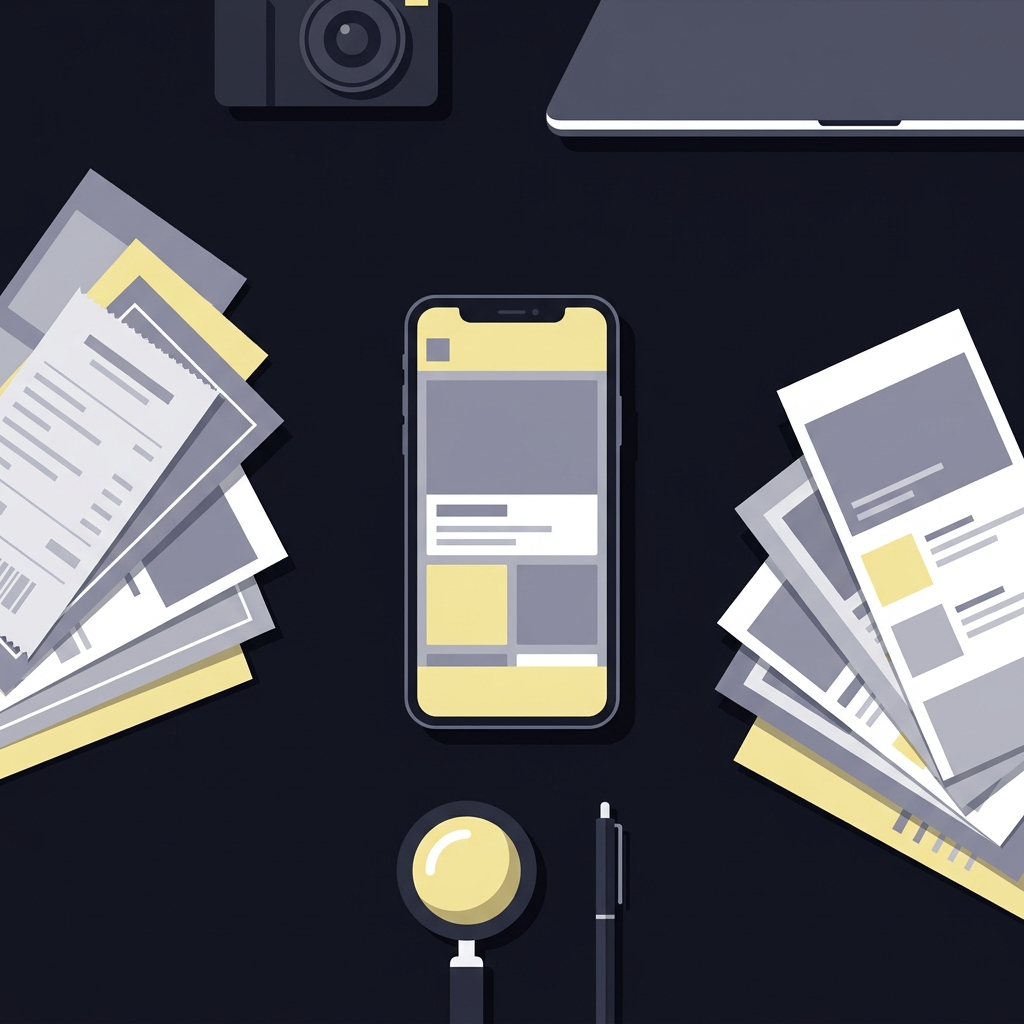 Top down minimalist 2D vector desk with smartphone screenshots receipts magnifying glass and pen arranged as evidence for a fake betting app investigation on a Funded Plays branded dark background