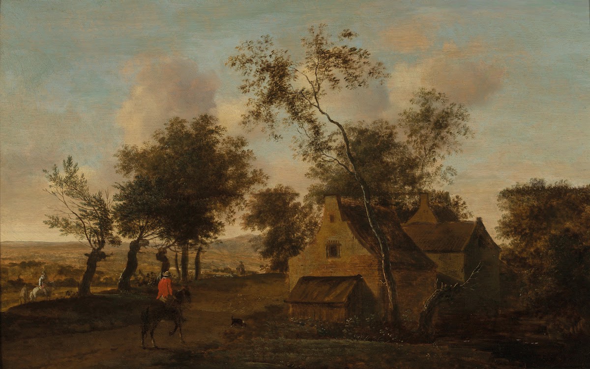 A wooded landscape with travellers and riders