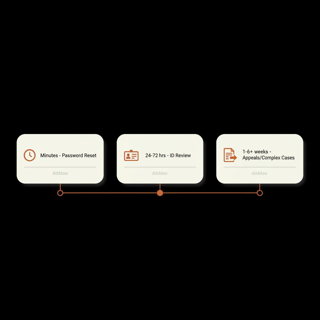 Minimal timeline infographic on black background showing three stages for facebook account recovery time: Minutes - Password Reset; 24–72 hrs - ID Review; 1–6+ weeks - Appeals/Complex Cases.