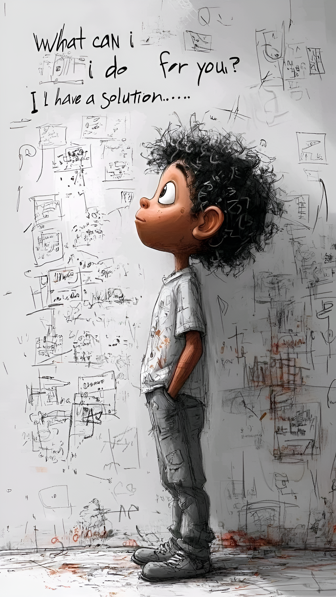 Cartoon Boy Thinking Solution Scribbled Wall Art - Free 4K mobile Wallpaper