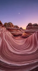 The Wave Arizona Sandstone Formation at Twilight with Crescent Moon