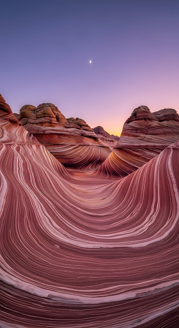 The Wave Arizona Sandstone Formation at Twilight with Crescent Moon - Free mobile Wallpaper