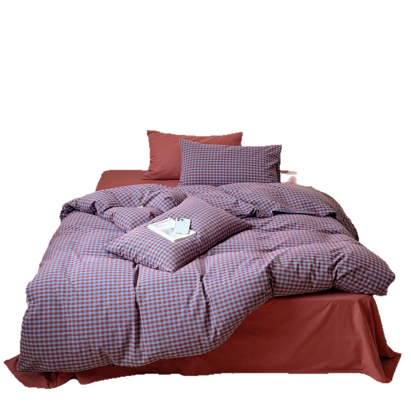 Water-washed cotton bed linen, 4-piece, check